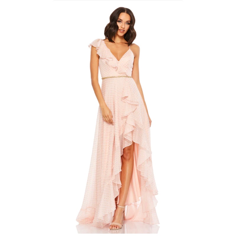 Mac Duggal 49330 Polka Dot Asymmetrical Ruffle Gown 2 Salmon